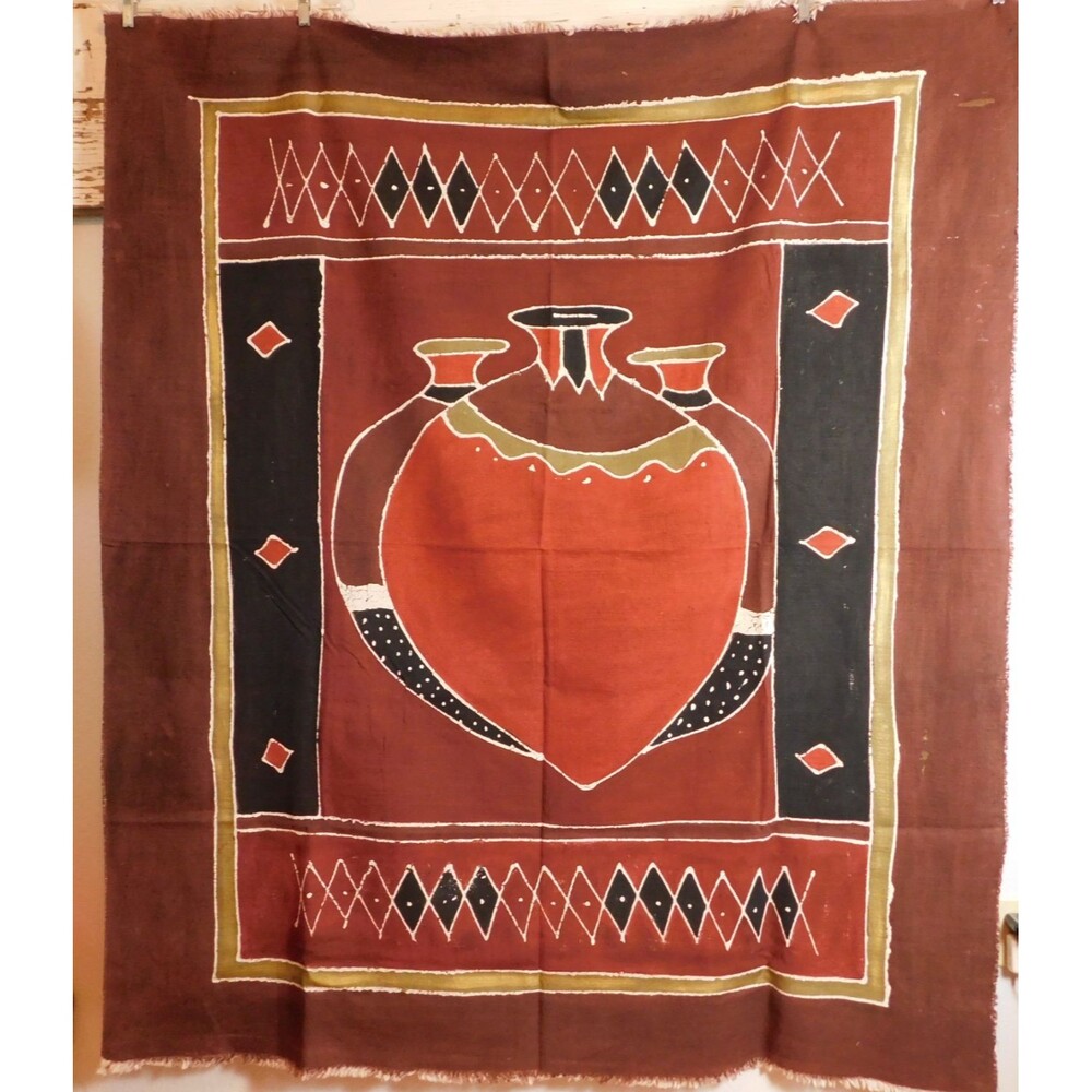 African Textile Batik Fabric Wall Hanging Painted Fringe Blanket Pottery 68x58